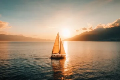 Sailboat Cruising On A Calm Lake At Sunset