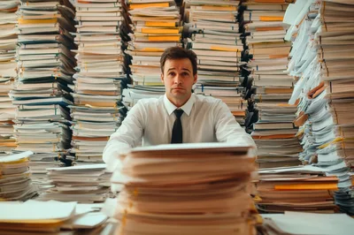 Overwhelmed Office Worker Surrounded By Massive Stacks Of Paperwork