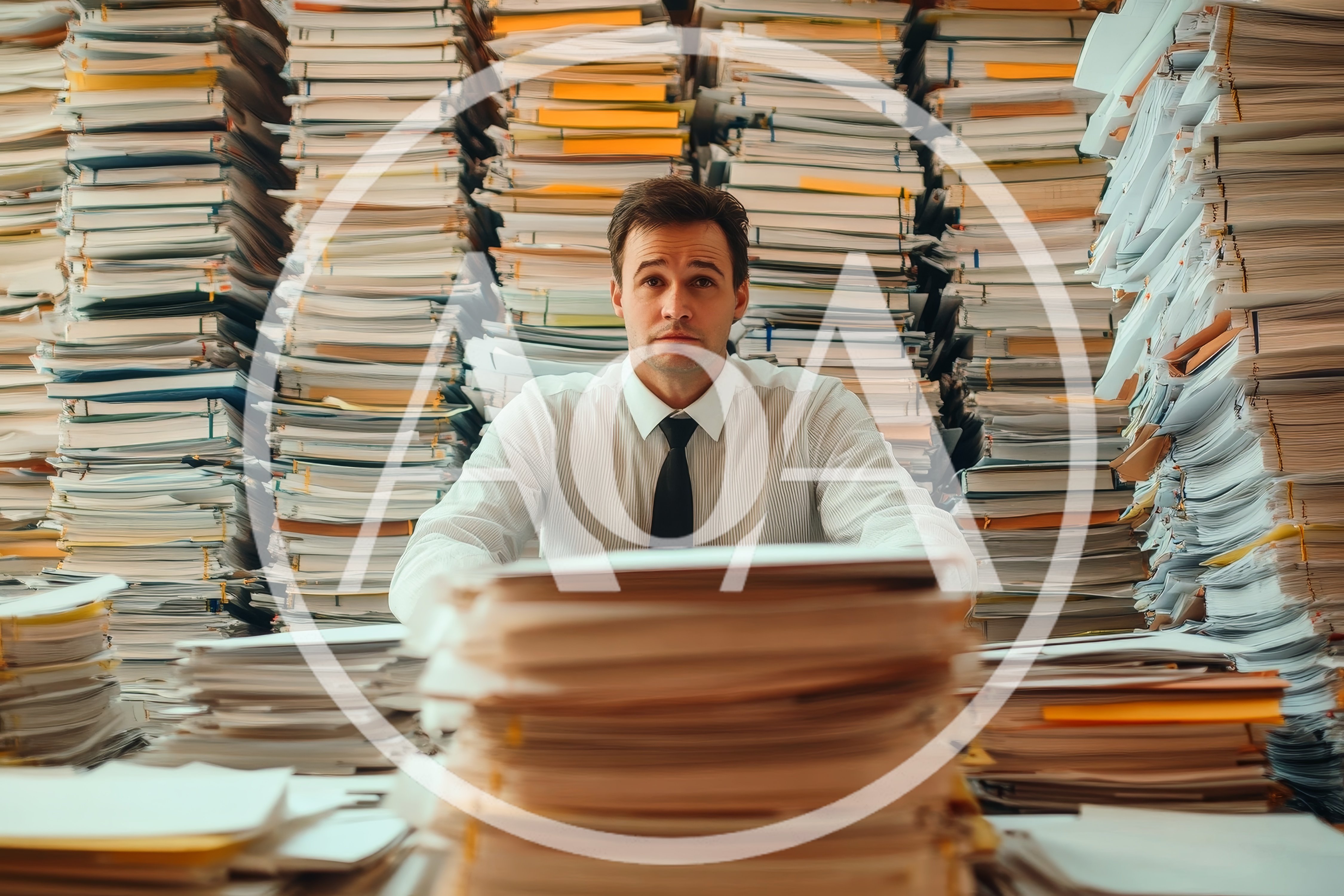 Overwhelmed Office Worker Surrounded By Massive Stacks Of Paperwork