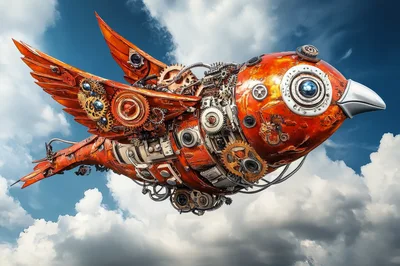 Steampunk Mechanical Bird Flying Through Cloudy Sky