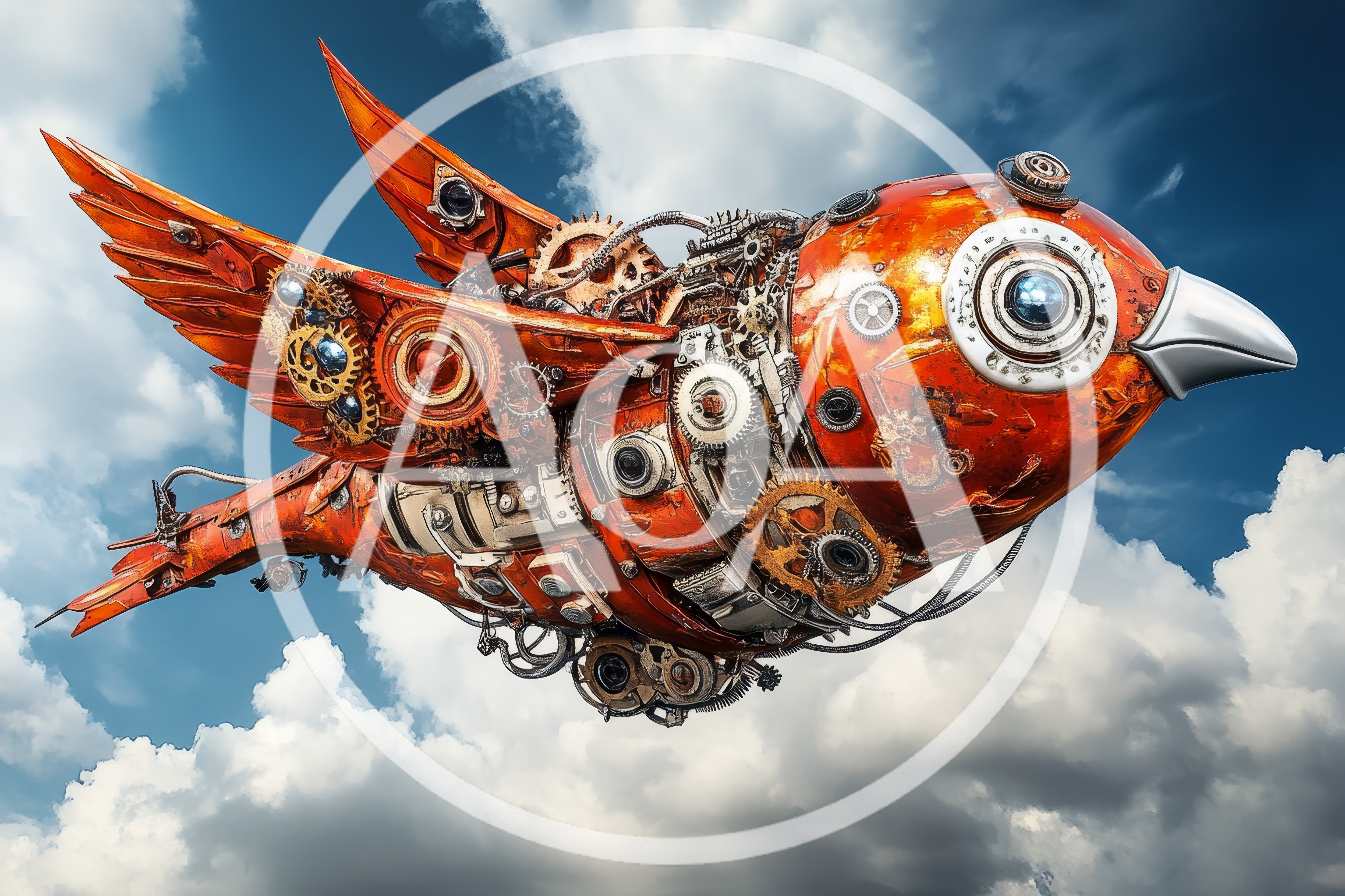 Steampunk Mechanical Bird Flying Through Cloudy Sky