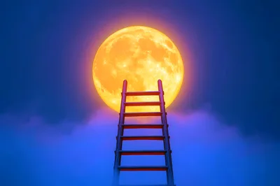 Ladder Reaching Toward A Glowing Full Moon