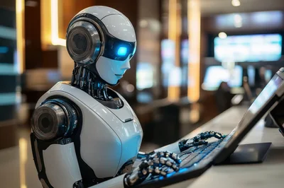 Futuristic Humanoid Robot Working On A Computer