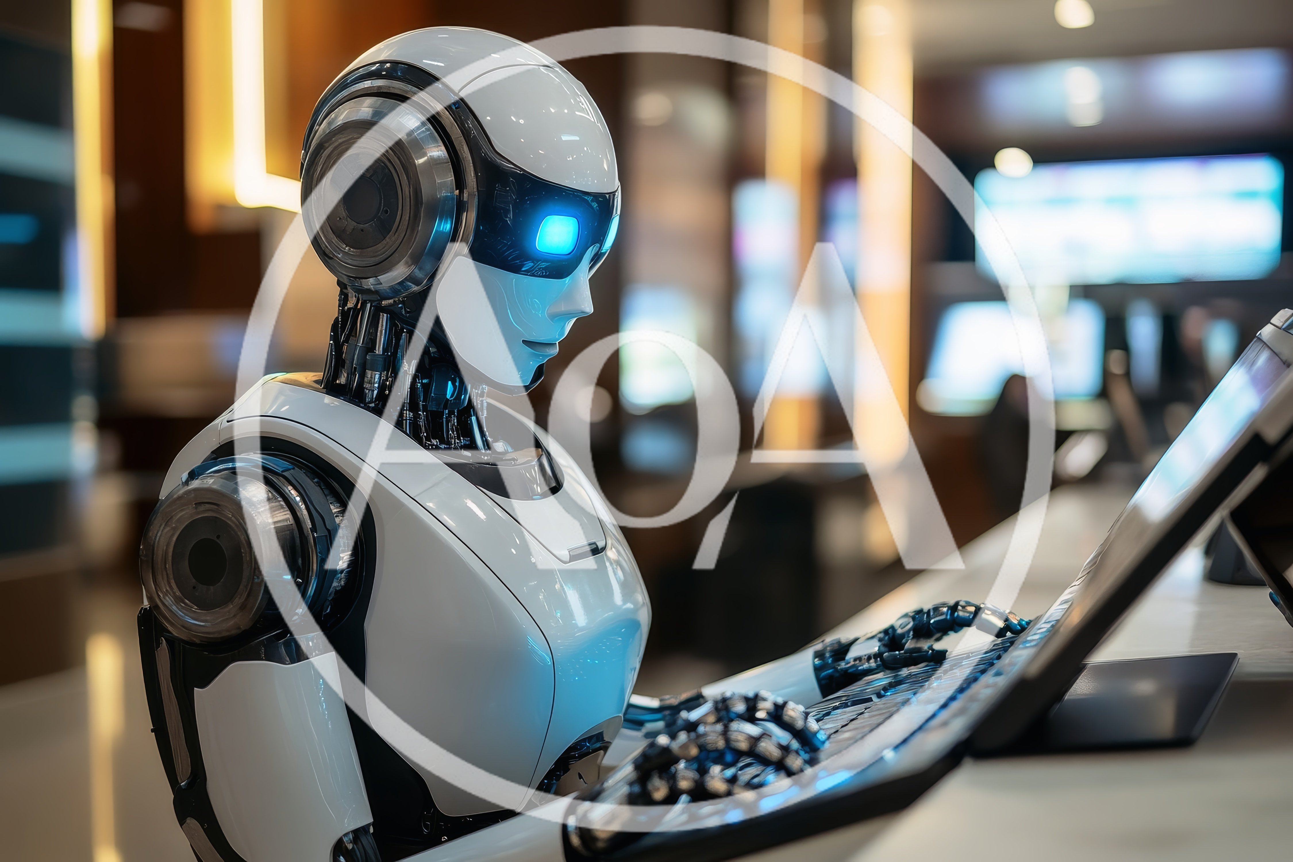 Futuristic Humanoid Robot Working On A Computer