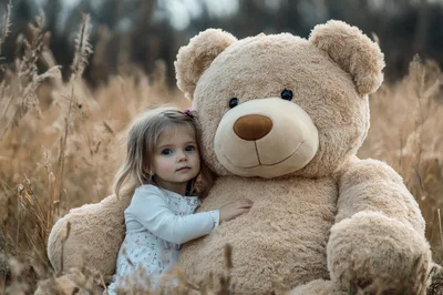 A little girl and a huge teddy bear cuddling.