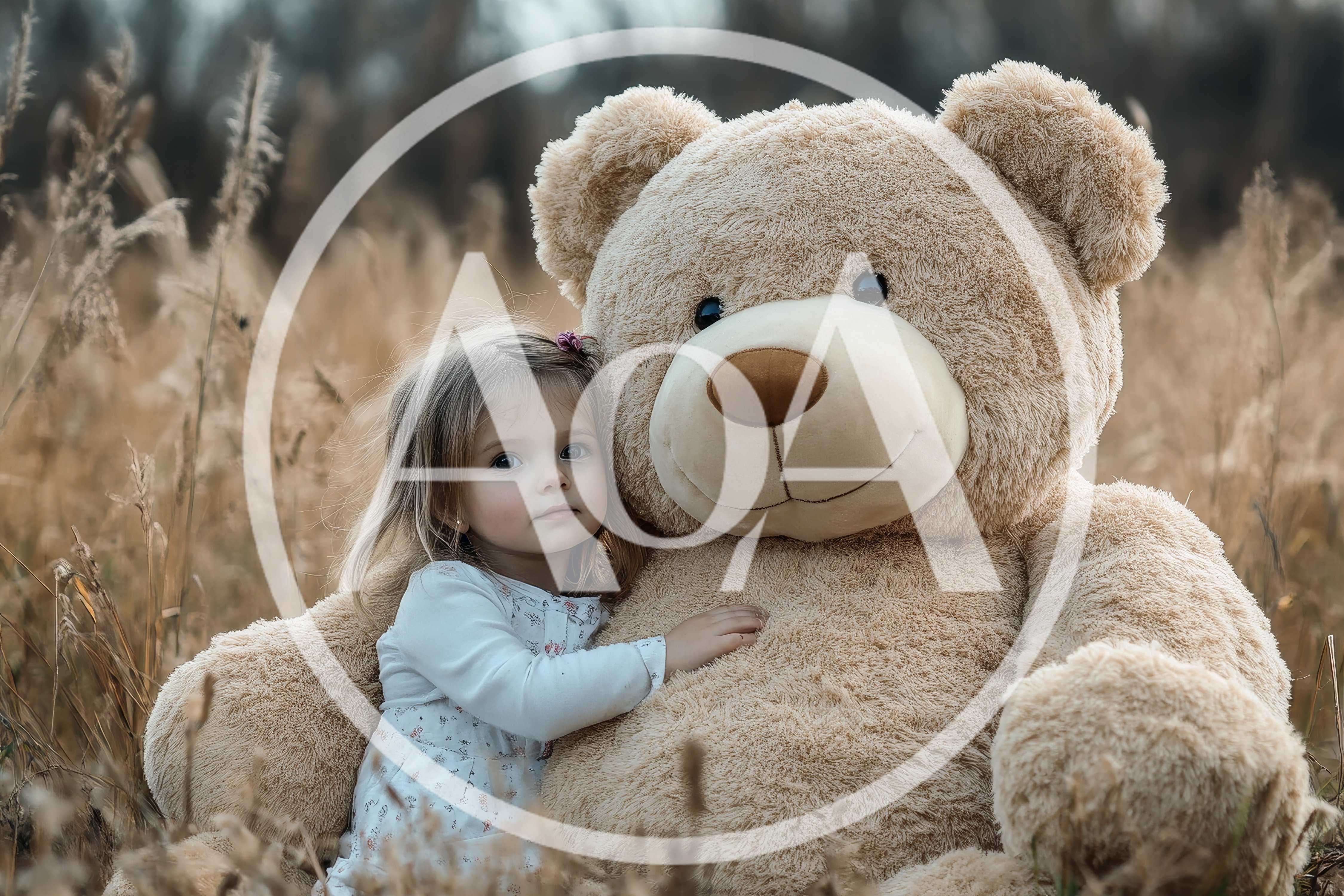 A little girl and a huge teddy bear cuddling.