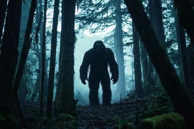 Bigfoot Standing In A Misty Dark Forest