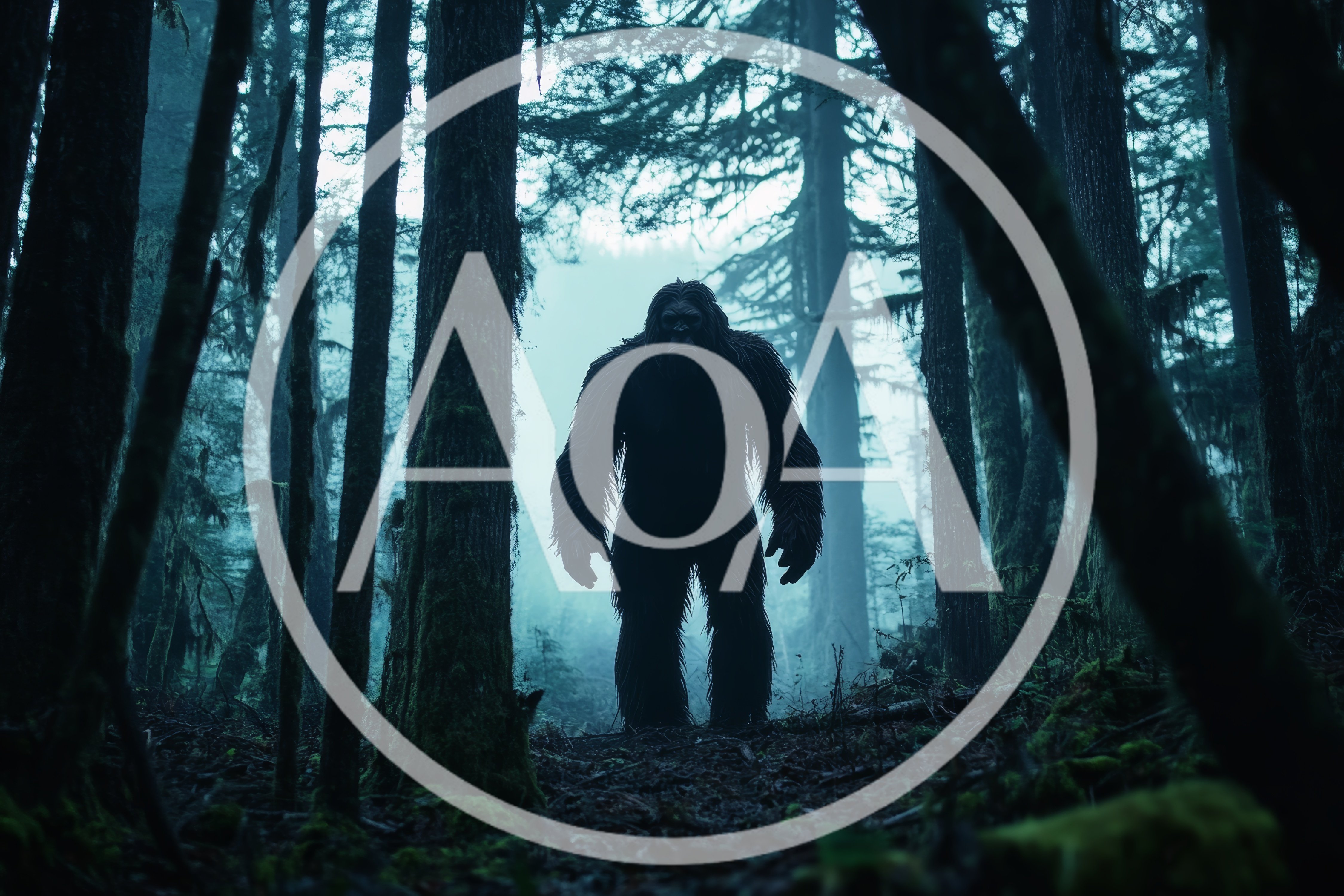 Bigfoot Standing In A Misty Dark Forest