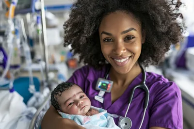 Smiling Nurse Holding Newborn Baby In Hospital