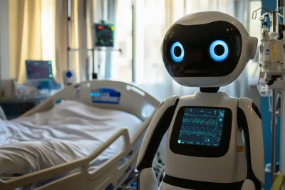 Medical Robot Assistant Standing In Hospital Room