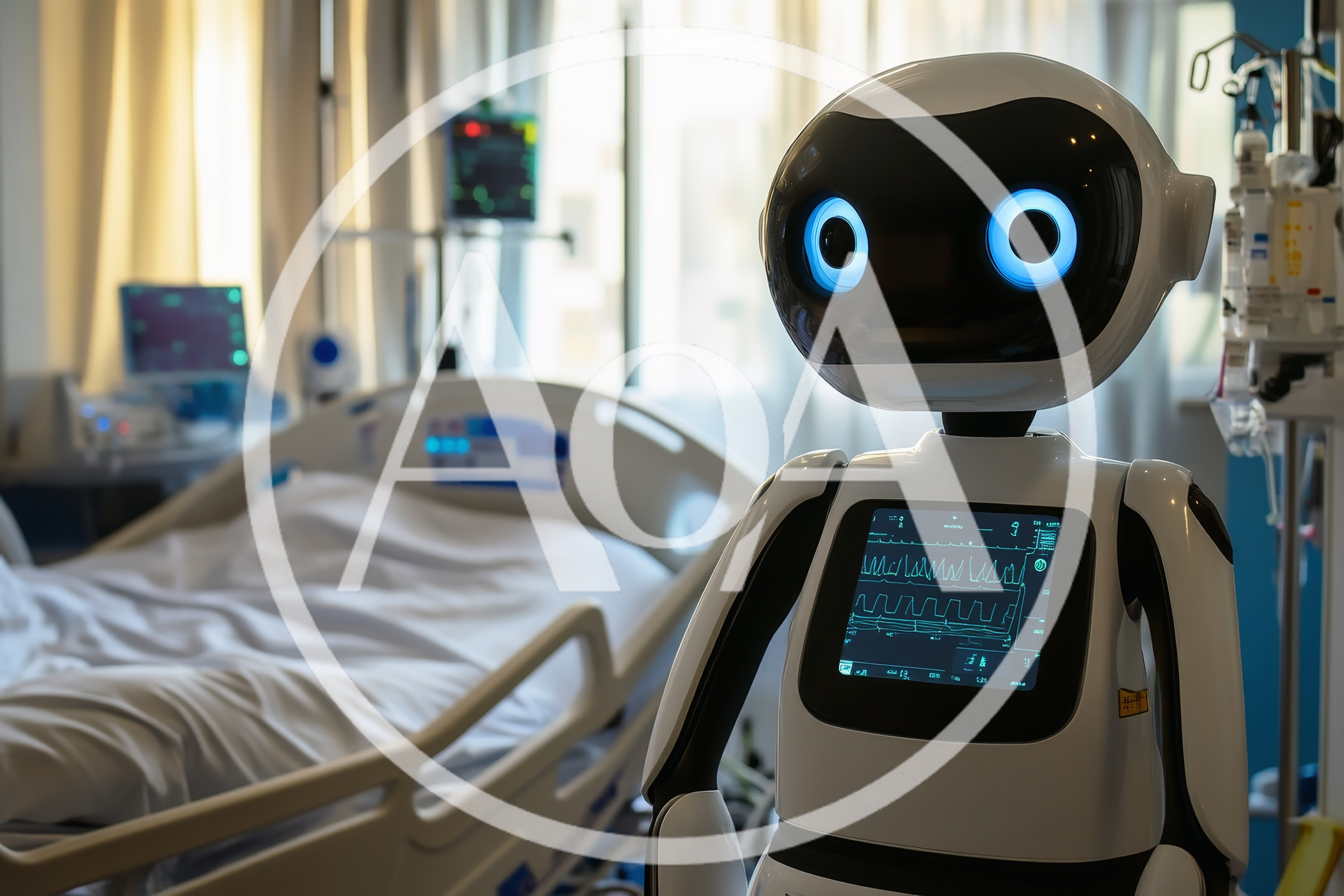 Medical Robot Assistant Standing In Hospital Room