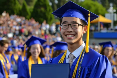 Happy Asian Graduate Holding Diploma at Commencement Ceremony