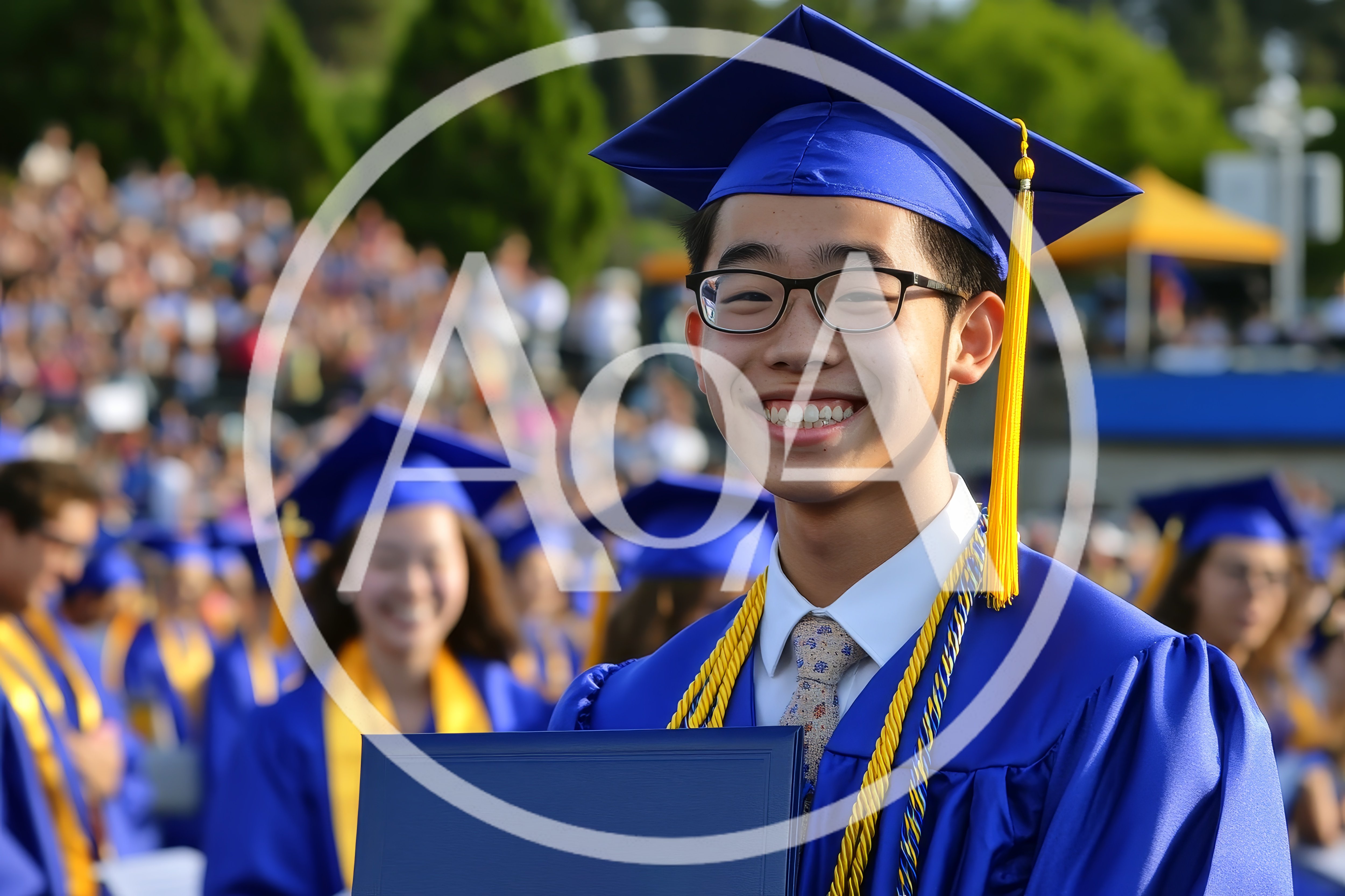 Happy Asian Graduate Holding Diploma at Commencement Ceremony