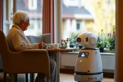 Elderly Woman Interacting With Service Robot At Home