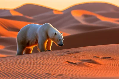 Polar Bear Walking Across A Vast Desert Landscape