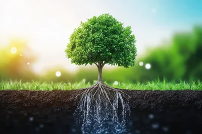 Tree With Exposed Roots And Water Flowing Underground