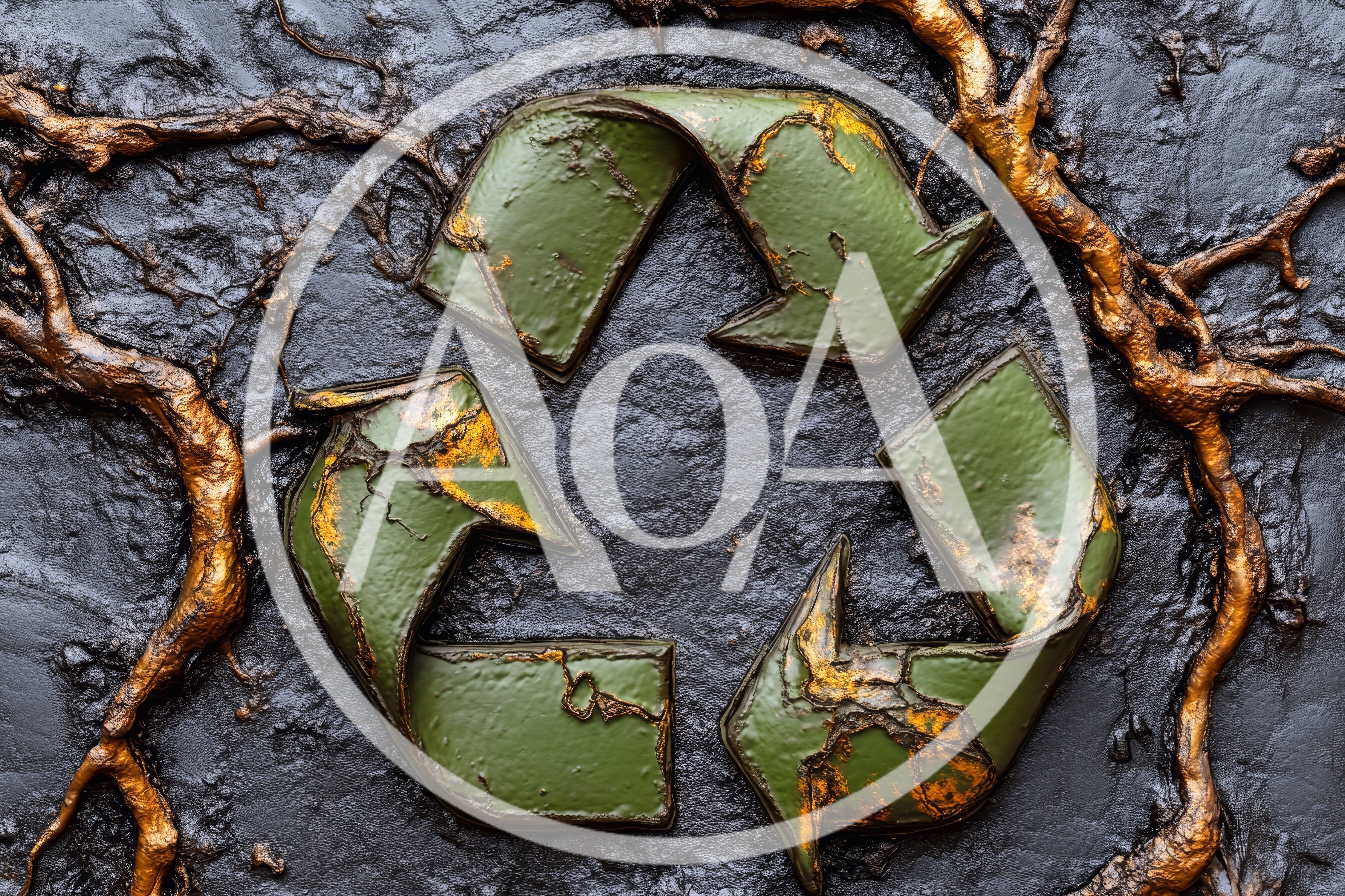 Recycle Symbol With Gold Roots On Dark Texture