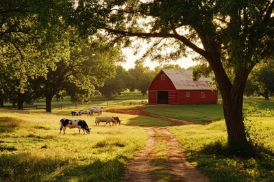 Cows Grazing Near A Red Barn At Sunset