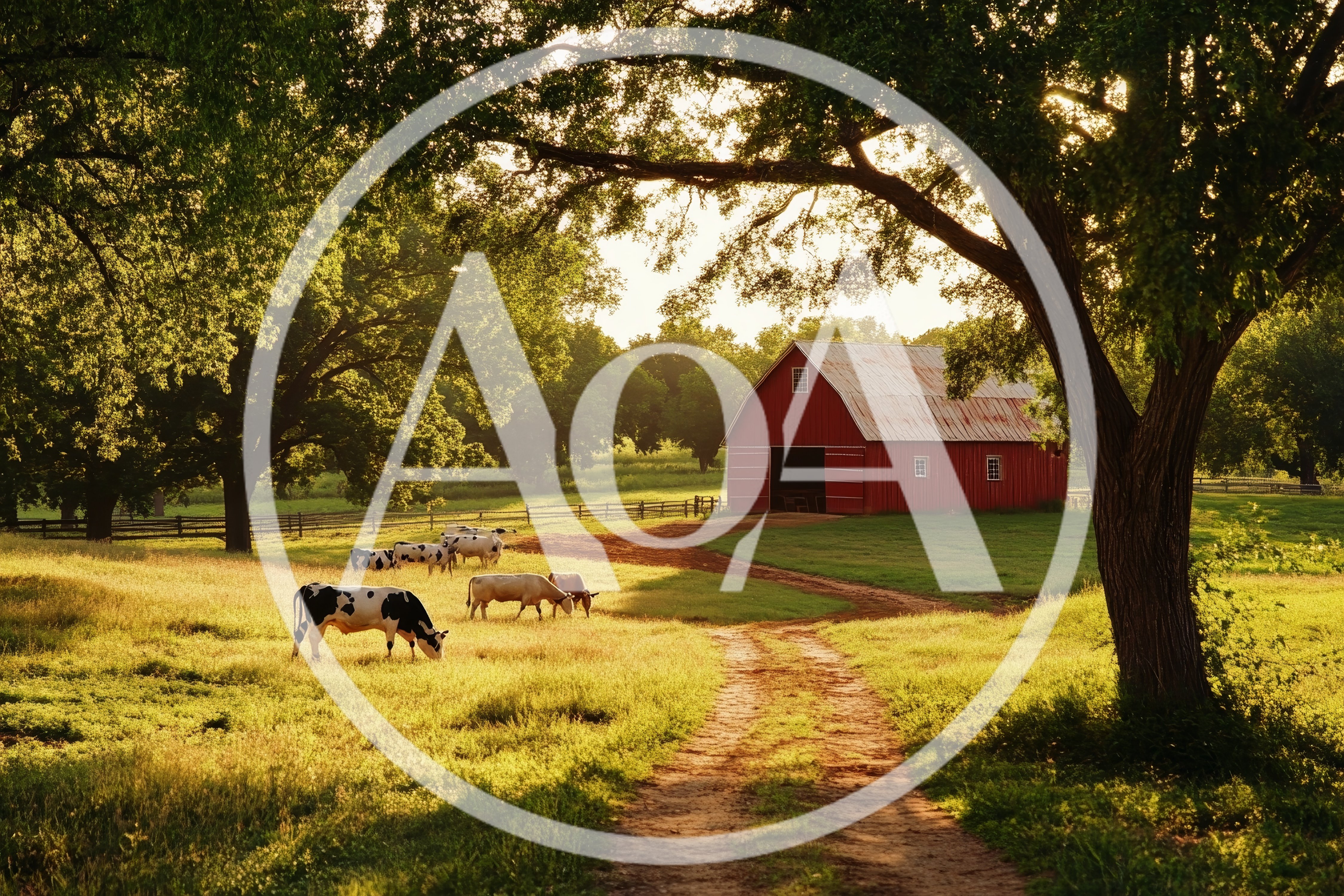 Cows Grazing Near A Red Barn At Sunset
