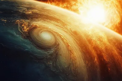 Giant Gas Planet With Swirling Storm And Bright Star