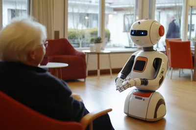 Elderly Person Interacting With A Social Care Robot