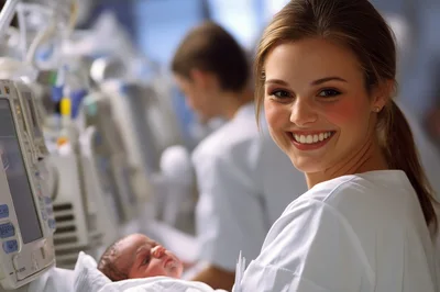 Smiling Nurse Caring For Newborn In Neonatal Intensive Care