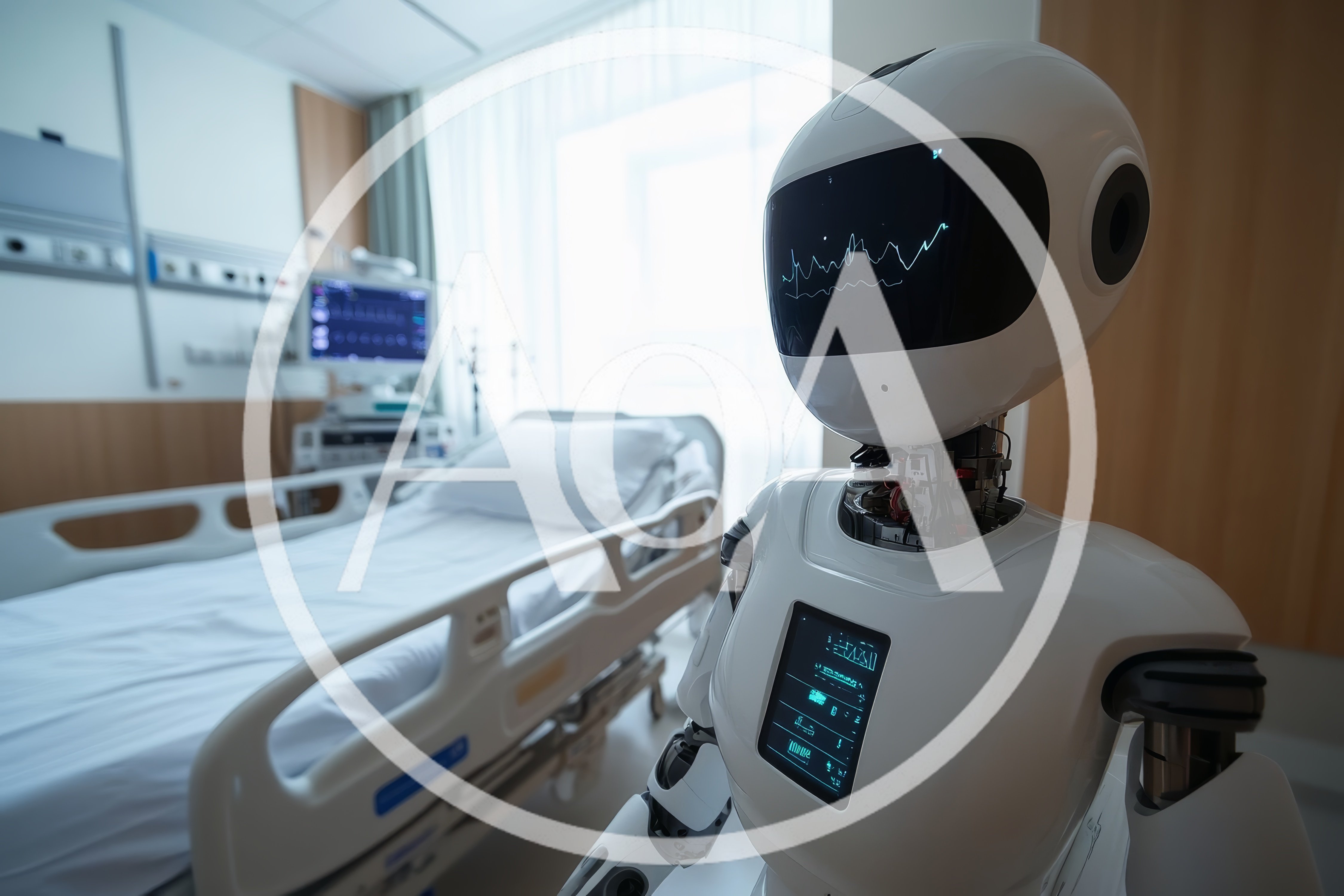 Advanced Medical Robot Standing In A Modern Hospital Room