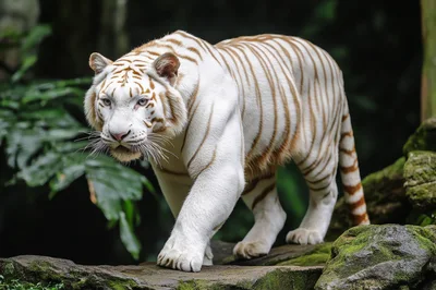 White Tiger Walking Across Mossy Rocks