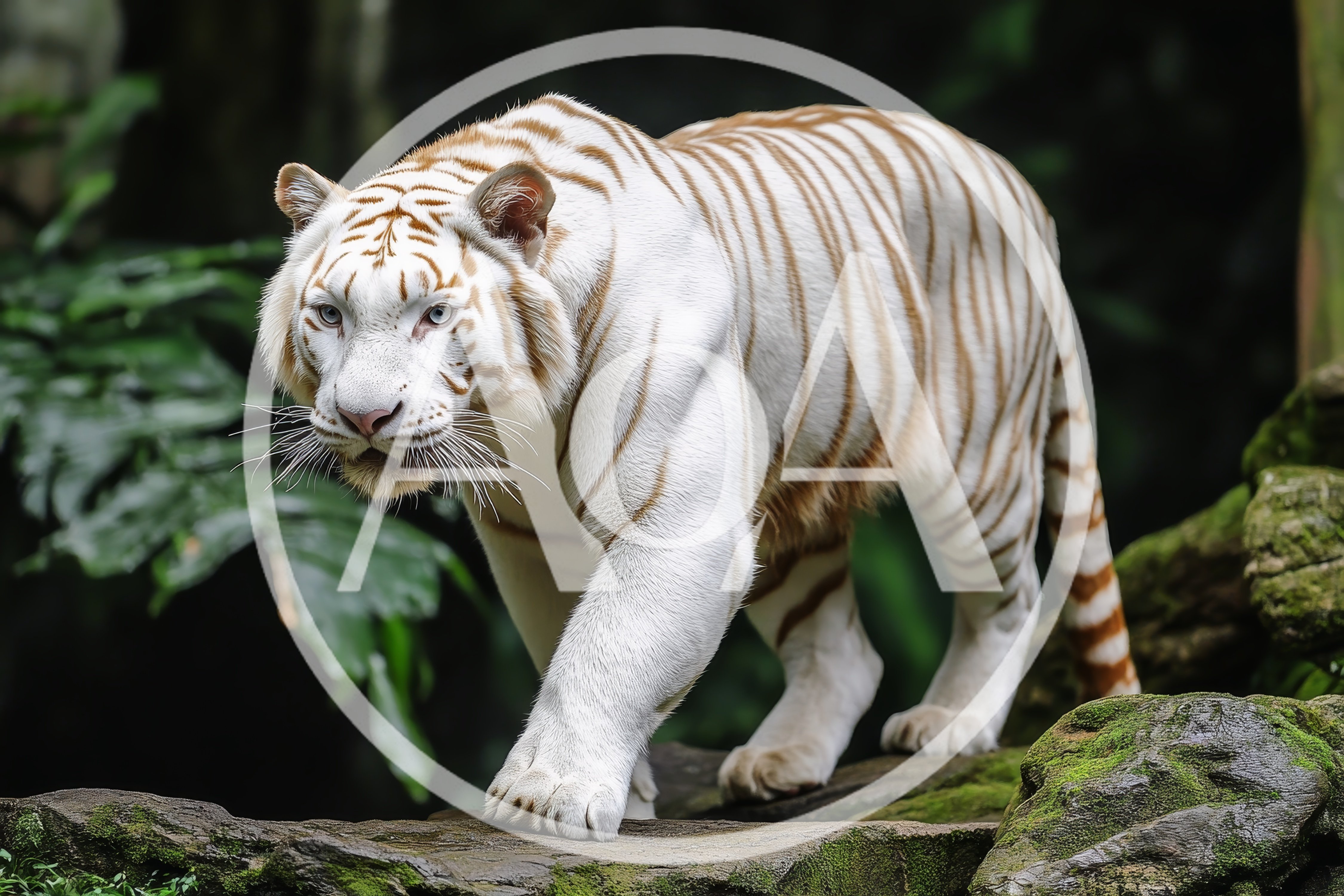 White Tiger Walking Across Mossy Rocks