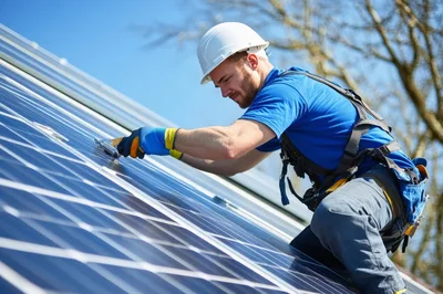 Solar Panel Technician Installing Equipment On Residential Roof