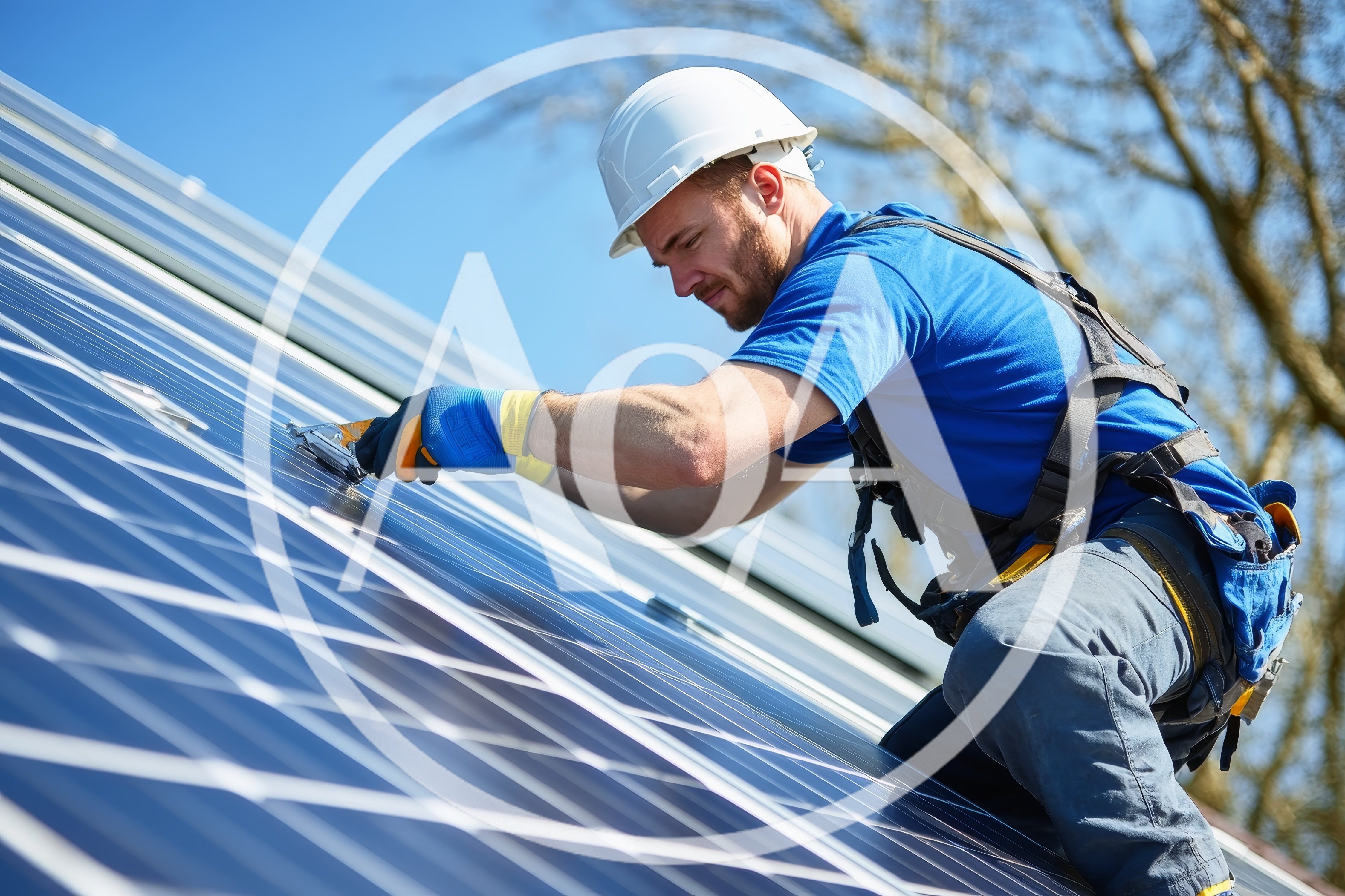 Solar Panel Technician Installing Equipment On Residential Roof