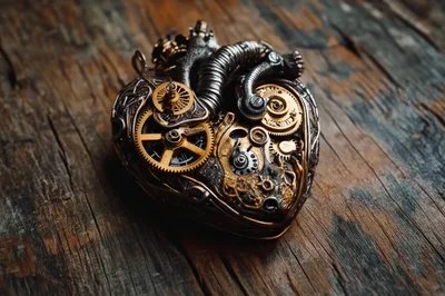 Steampunk Mechanical Heart Sculpture on Rustic Wood