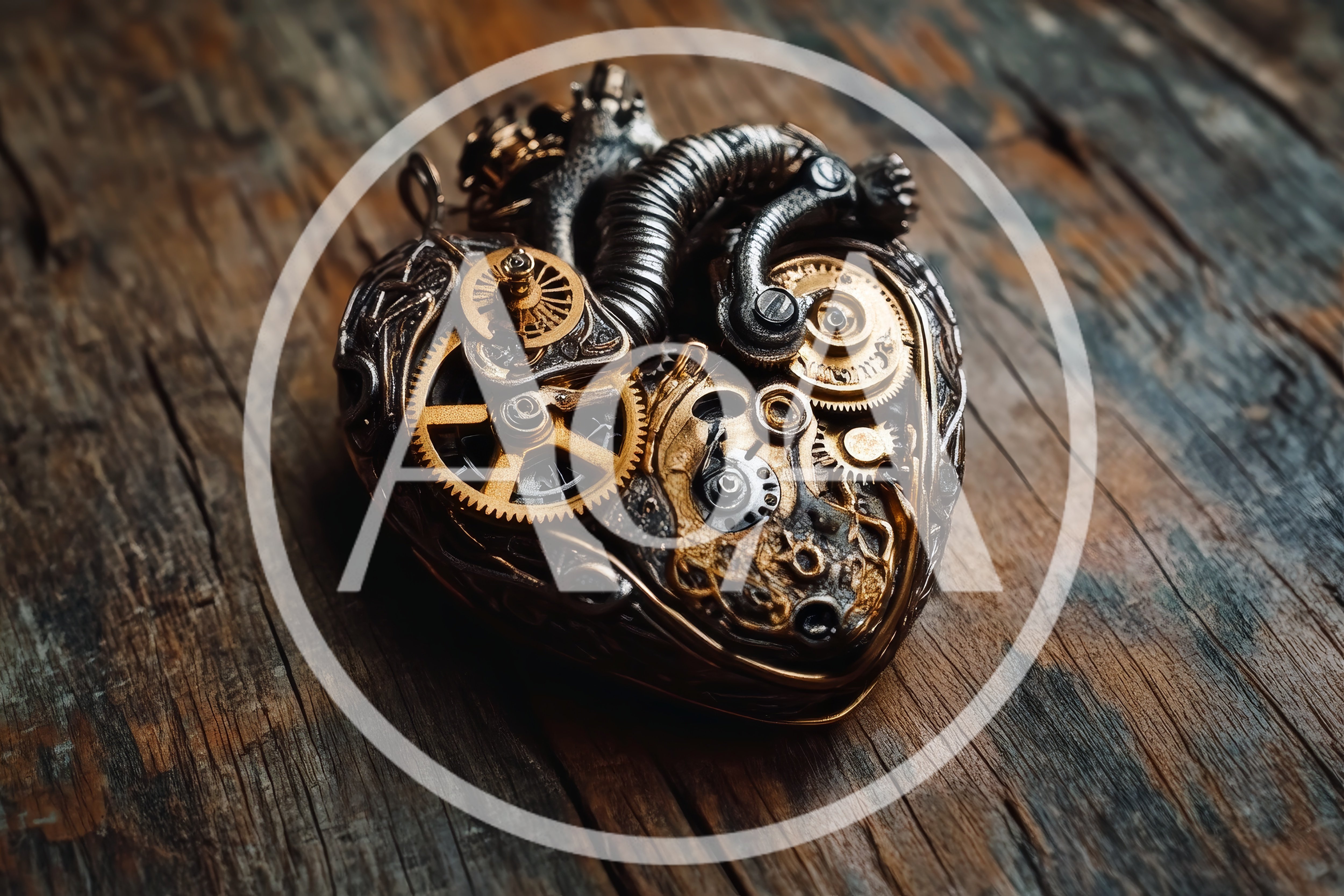 Steampunk Mechanical Heart Sculpture on Rustic Wood
