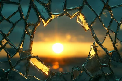 Sunset View Through A Shattered Glass Window