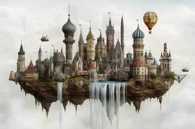 Fantasy Floating Island City With Waterfalls