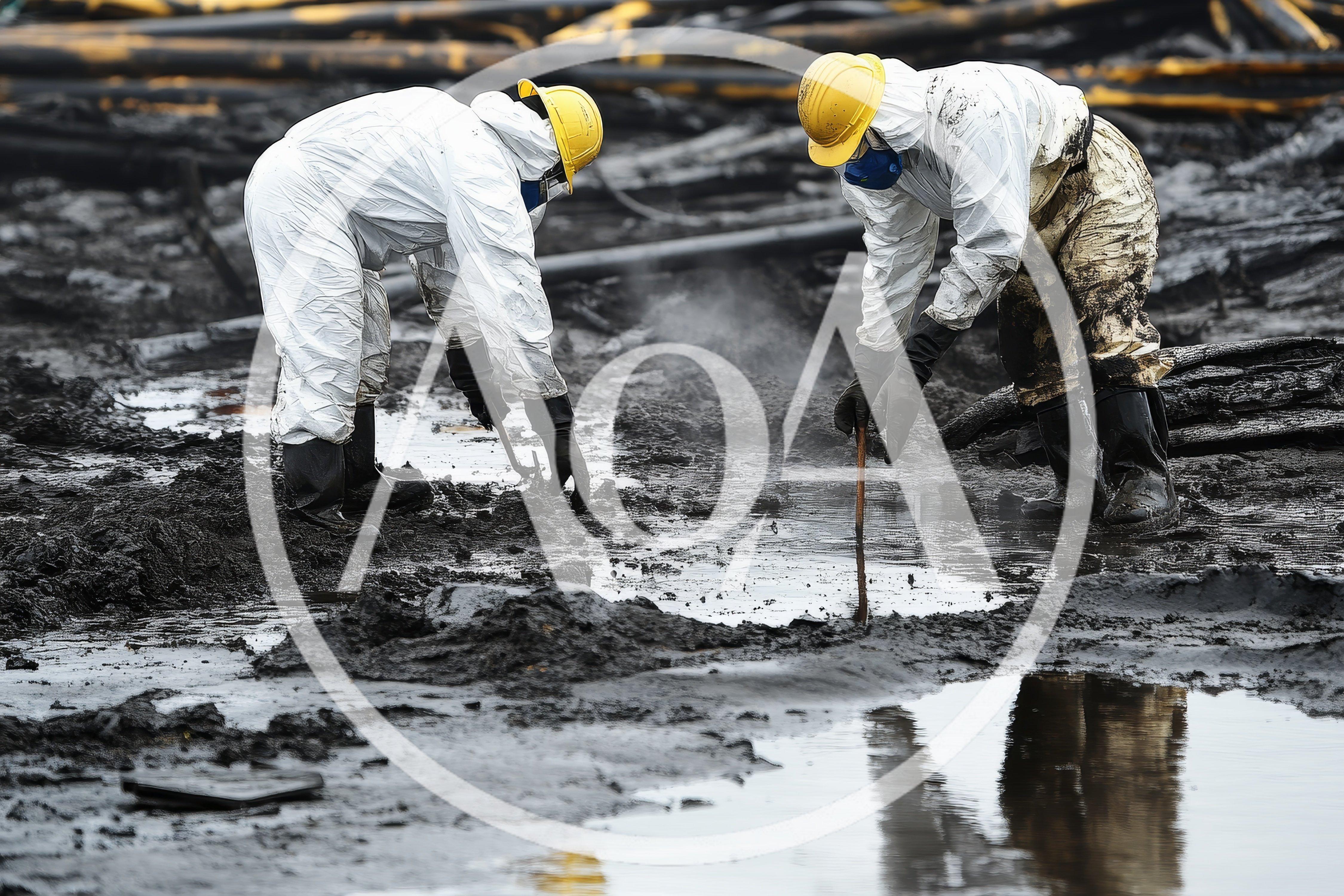 Environmental Cleanup Workers Inspecting Oil Spill Site