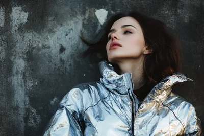 Young Woman Posing In A Metallic Silver Puffer Jacket