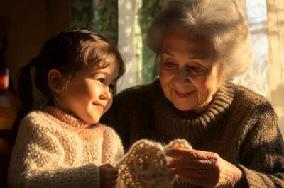 Grandmother Teaching Young Granddaughter To Knit