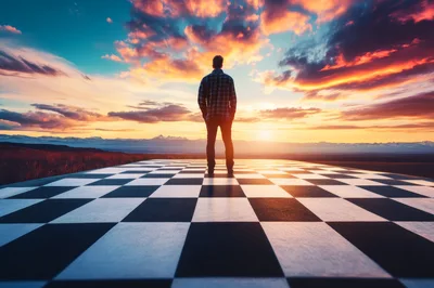 Man Standing On A Giant Chessboard At Sunset