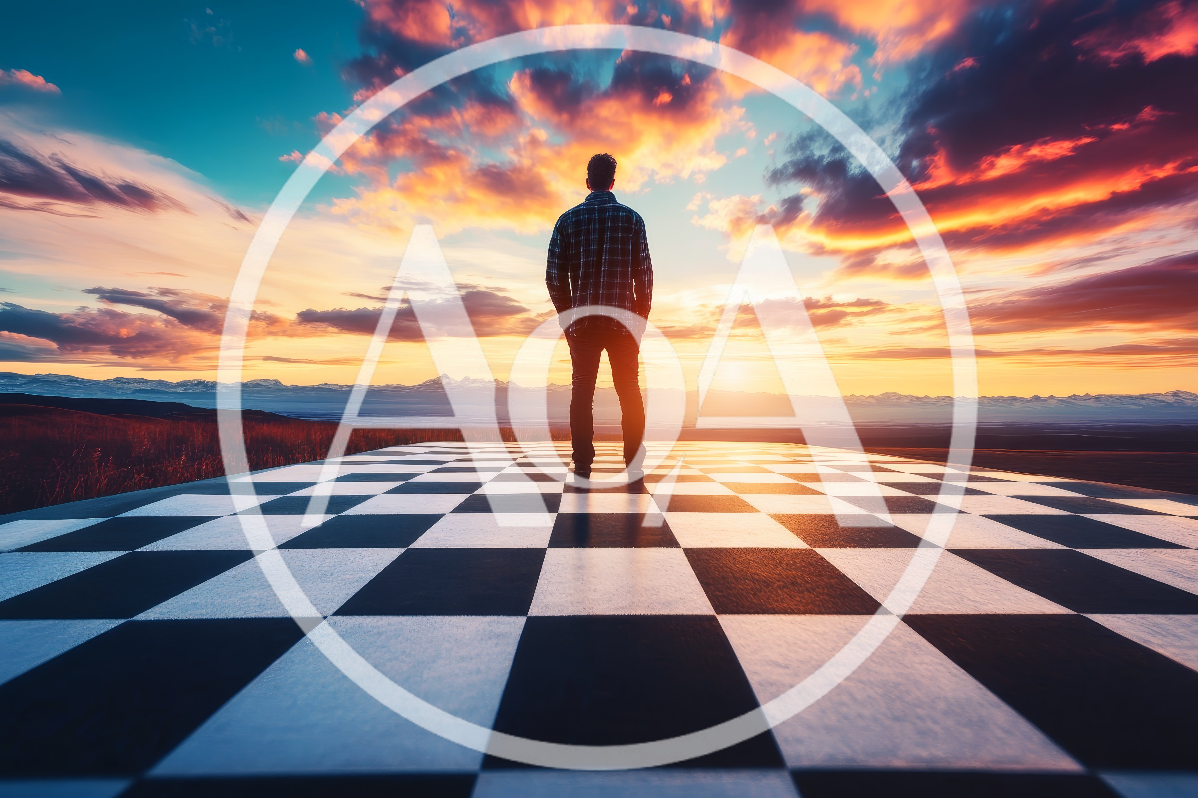 Man Standing On A Giant Chessboard At Sunset