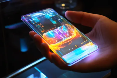 Hand Holding Futuristic Transparent Smartphone With Holographic Interface