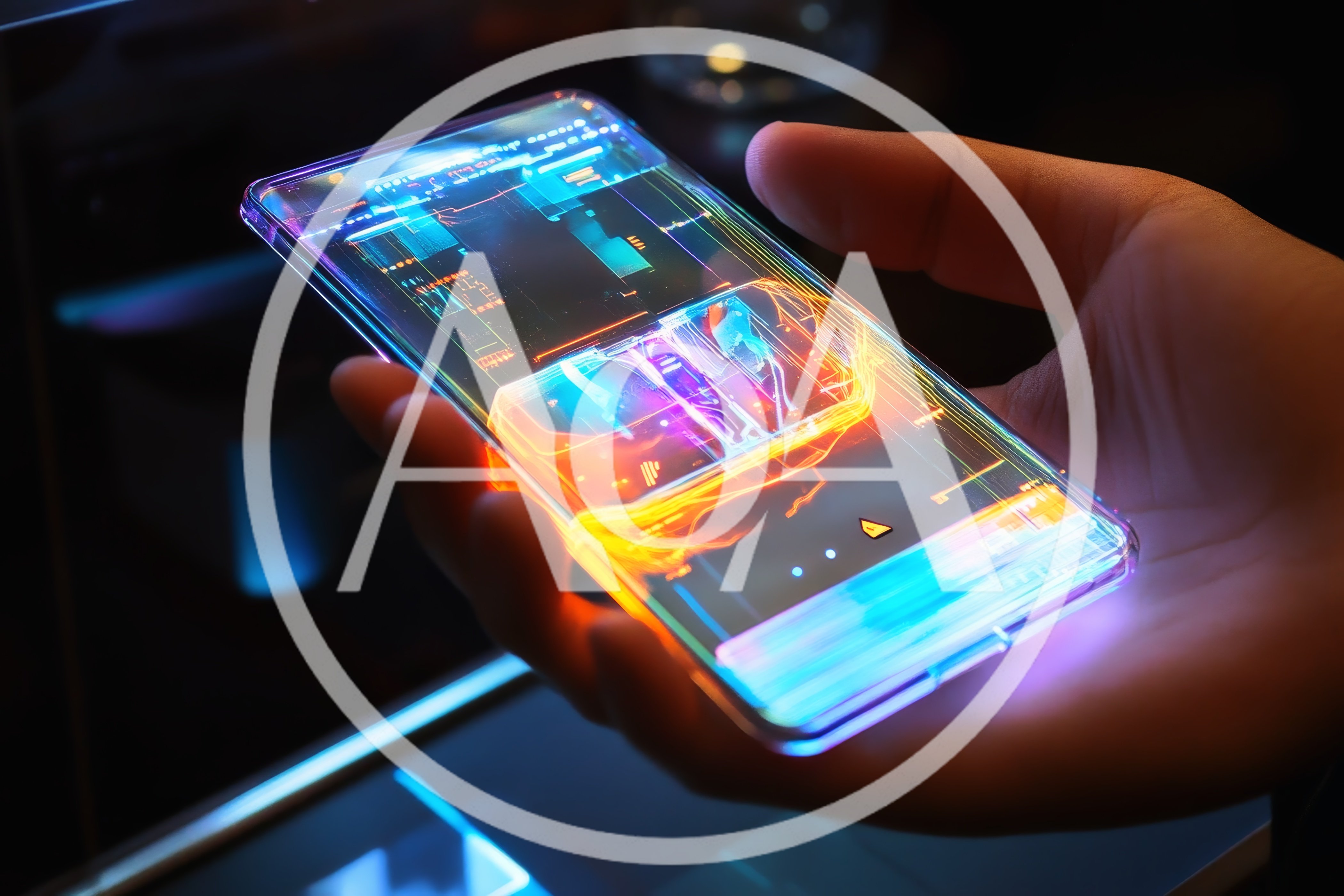 Hand Holding Futuristic Transparent Smartphone With Holographic Interface