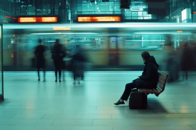 Commuter Sitting On Bench At Busy Train Station