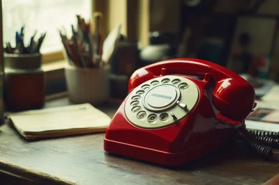 Vintage Red Rotary Telephone On A Wooden Desk