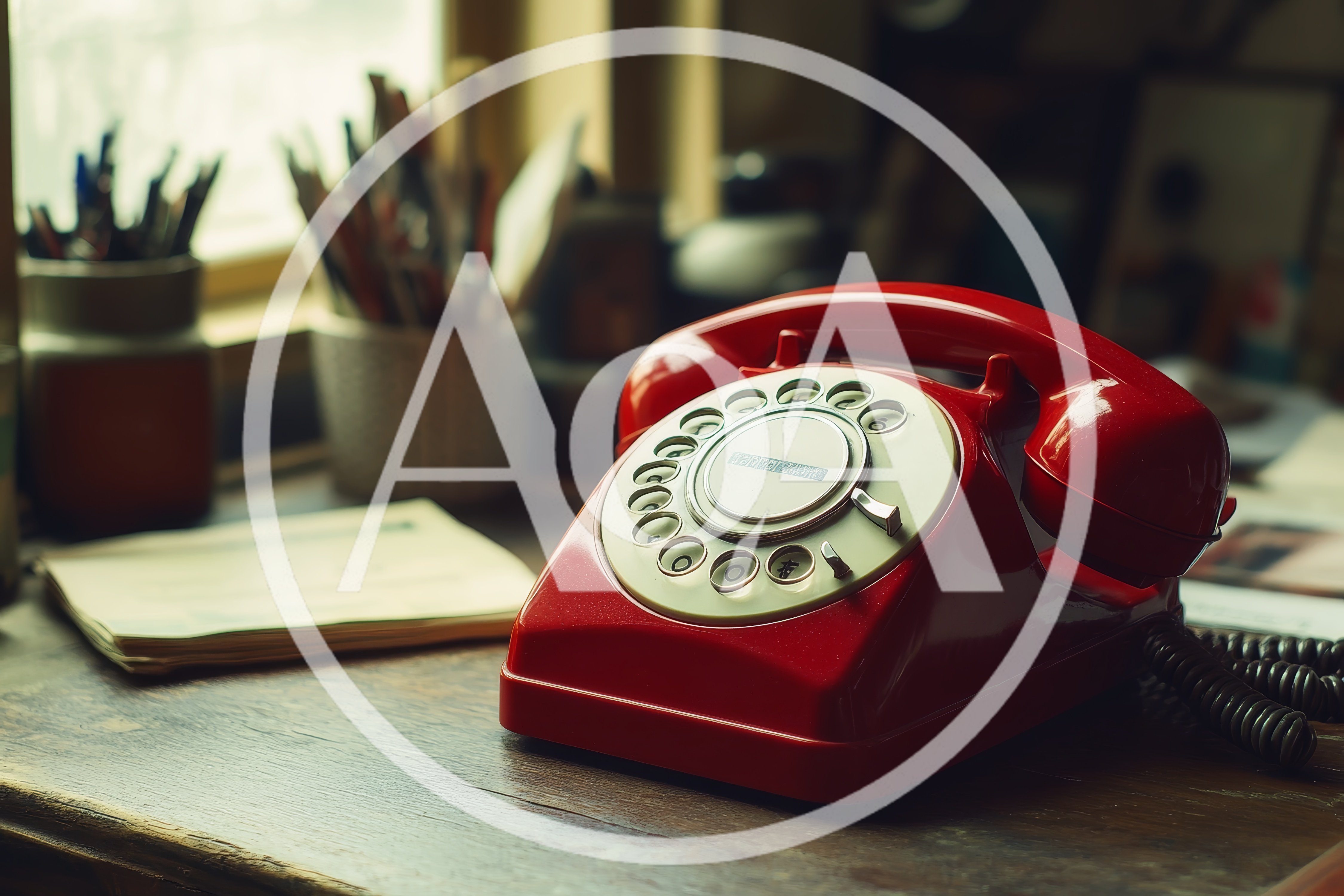 Vintage Red Rotary Telephone On A Wooden Desk