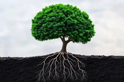 Lush Green Tree With Visible Root System Underground