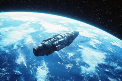 Futuristic Spaceship Orbiting A Blue Planet