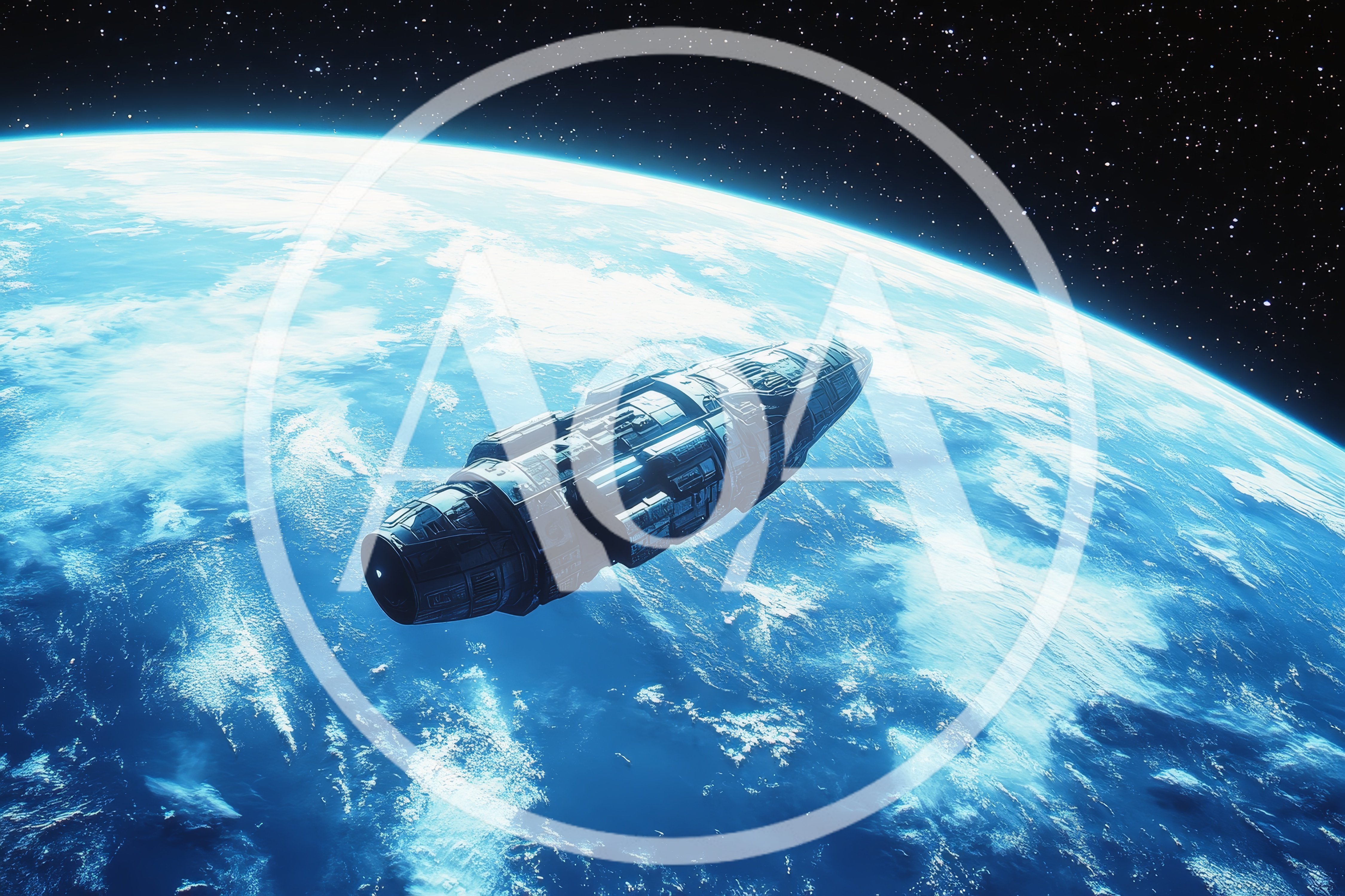 Futuristic Spaceship Orbiting A Blue Planet