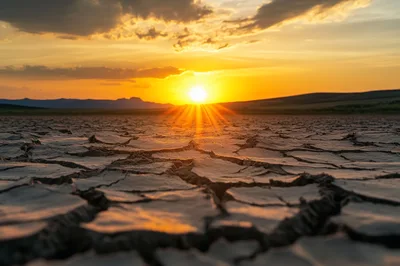 Sunset Over Cracked Dry Earth Landscape