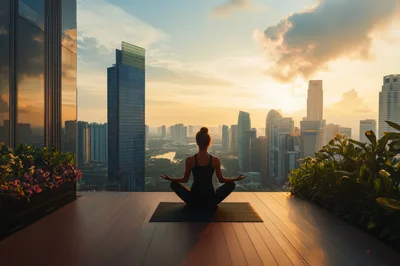 Woman Practicing Yoga On A Rooftop At Sunset